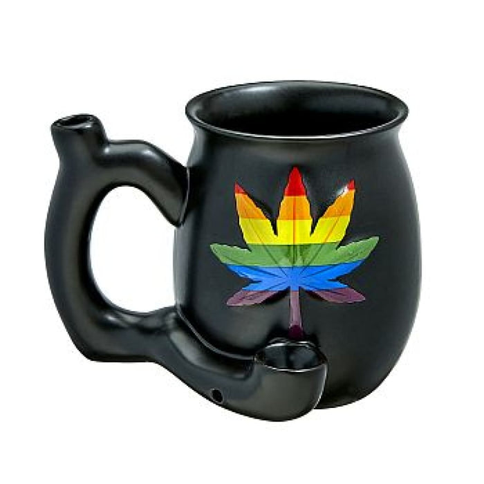 Matte black ceramic mug with rainbow marijuana leaf and pipe design, 11oz