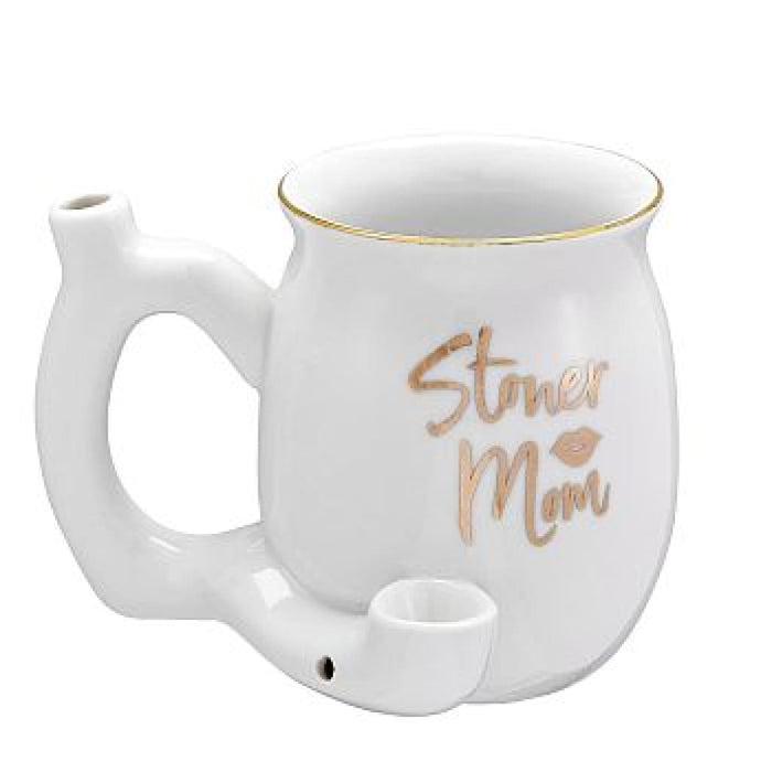 White ceramic stoner mom mug with gold lettering and built-in pipe, perfect gift