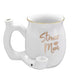 White ceramic stoner mom mug with gold lettering and built-in pipe, perfect gift