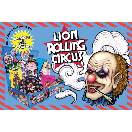 Colorful ’Lion Rolling Circus Freak Pack’ ad with creepy clown and product packaging