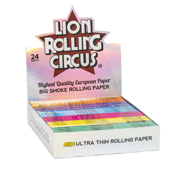 Display box of Lion Rolling Circus King Size Ultra Thin Papers in various vibrant colors