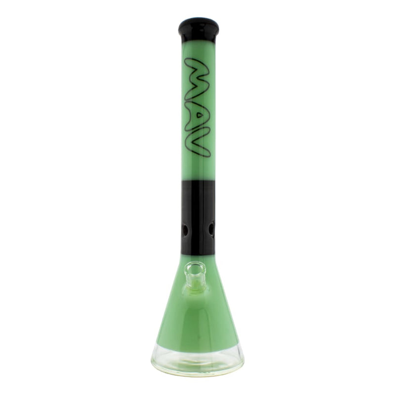 Mint green glass bong with black accents from Mav 18 Zebra Worked Beaker collection