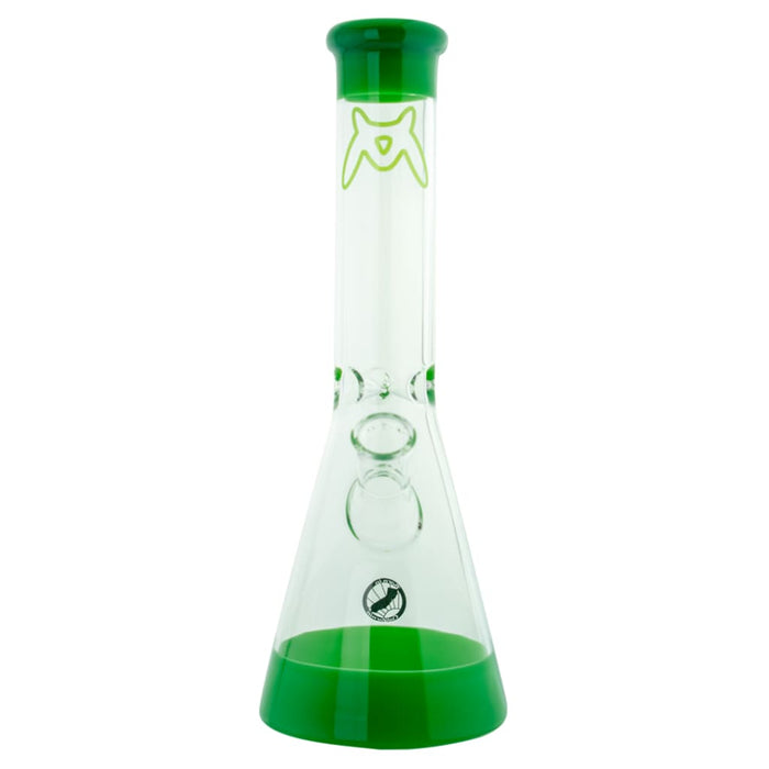 Mav Glass B44 beaker 44mm with green color lip and base featuring alien face design