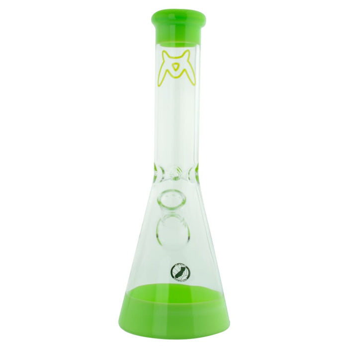 Mav Glass B44 Beaker with green accents and cat logo