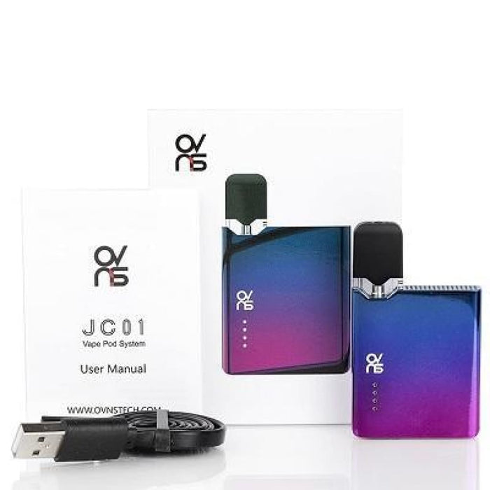 Ovns JC01 pod kit with 400mAh battery, colorful devices, manual, and charging cable