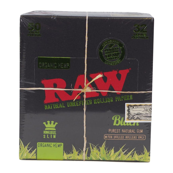 Box Of Raw Black Organic Hemp King Size Slim Rolling Papers Tied With String