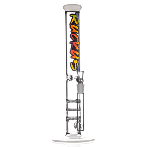 Triple honeycomb perc glass bong with colorful ’RUCKUS’ lettering for smooth hits