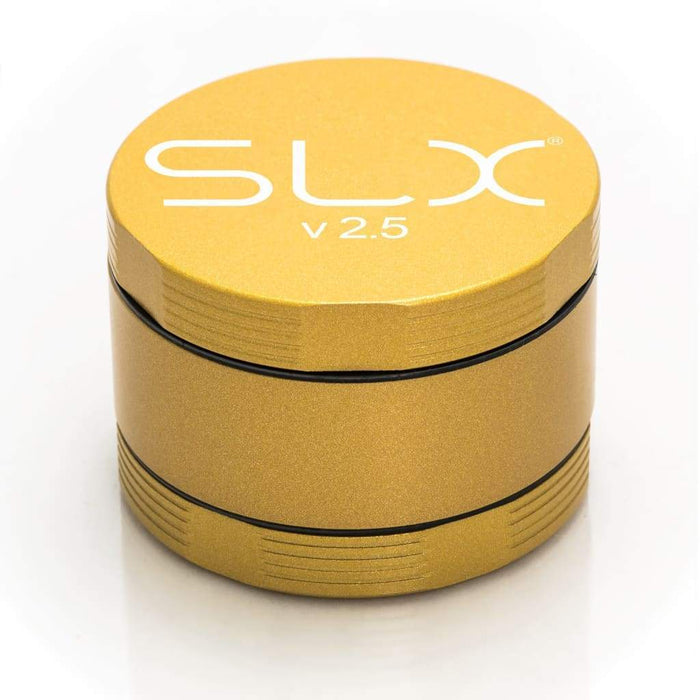 Gold-colored SLX Ceramic Coat Grinder with FDA-approved ceramic coating engraved top