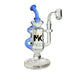 Glass inline recycler bong with blue accents and ‘MK’ logo in Mk100 Thanksgiving special