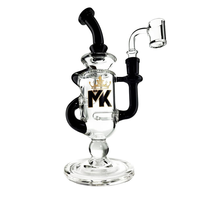 Glass inline recycler bong with black accents and MK logo for Thanksgiving